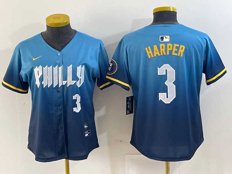 Women%27s Philadelphia Phillies #3 Bryce Harper Number Blue 2024 City Connect Limited Stitched Jerseys